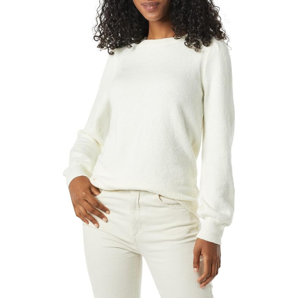 Elegant Women's Soft-Touch Crewneck Sweater with Pleated Shoulders - Ivory, XS - Picture 4 of 5